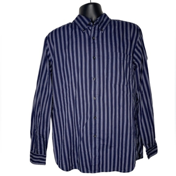 Basic Editions Striped Long Sleeve Button Down Shirt (Size:L, Color:Navy/White) - Picture 1 of 3